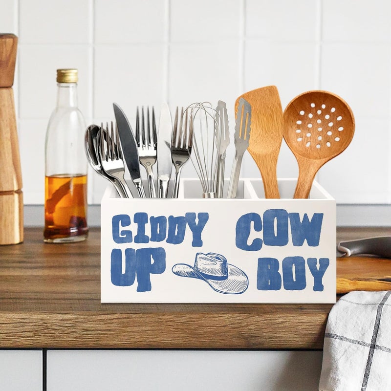 KBRCT Retro Western Cowboy Wooden Utensils Holder, Blue Vintage Cowboy Hat Wild West Southwestern Wood Cooking Utensil Holder Organizer for Kitchen Countertop Counter Decor Accessories - Image 5